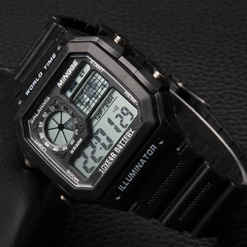 MOONBIFFY Digital Sport Watch – Square Design, LED Display, 5ATM Waterproof, Silicone Band