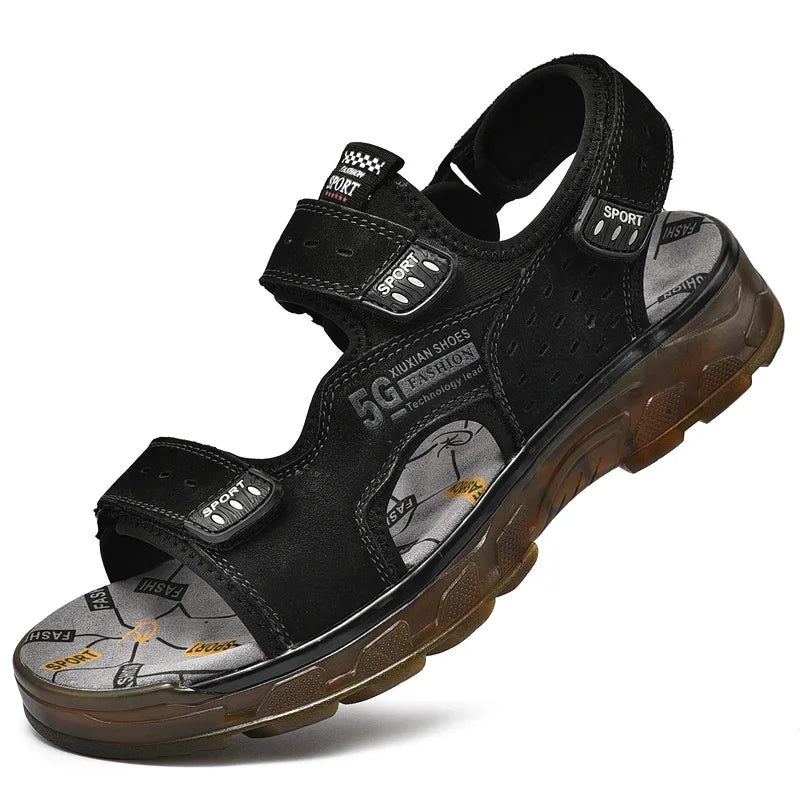 Men’s Genuine Leather Gladiator Sandals – Casual Summer Slip-On