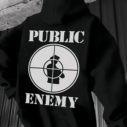 Men’s “PUBLIC ENEMY” Graphic Hoodie – Casual All-Season Streetwear Sweatshirt