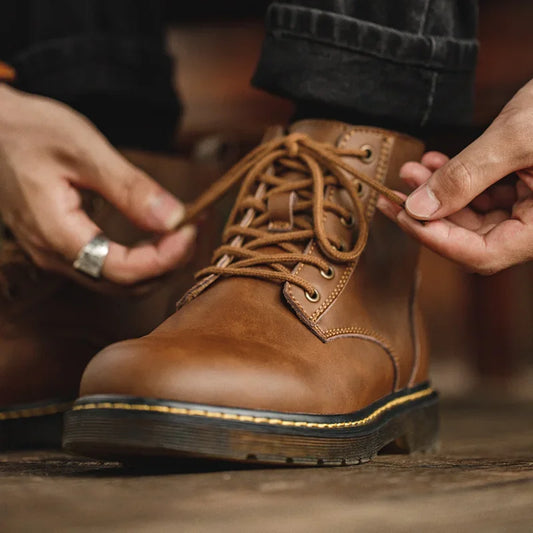 MADEN Vintage Brown Split Leather Ankle Boots – Retro Work & Motorcycle Style