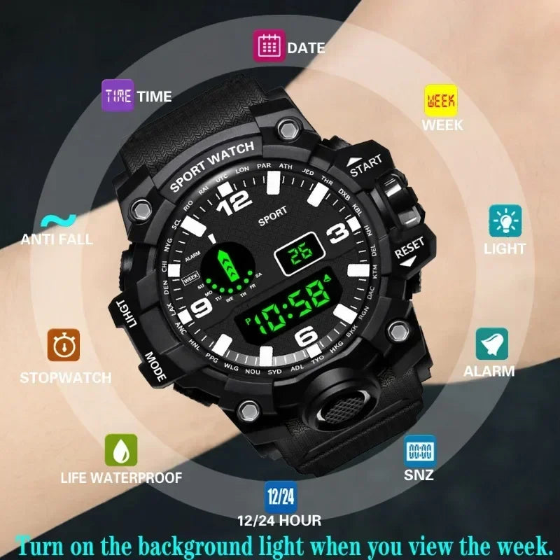 MOONBIFFY Digital Sport Watch – Large Dial 55mm, Waterproof 3ATM, LED Display, Chronograph, Calendar
