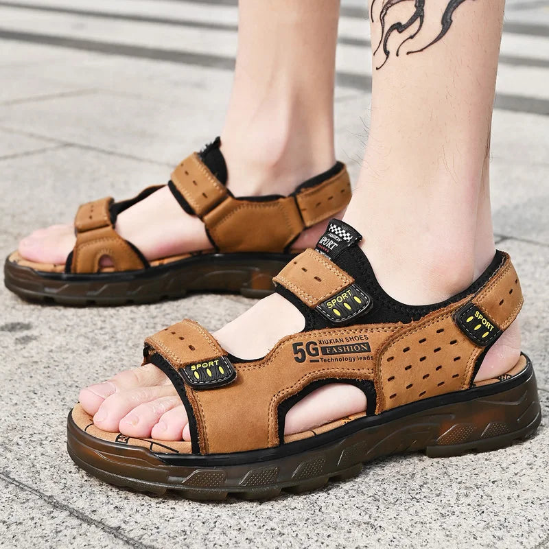 Men’s Genuine Leather Gladiator Sandals – Casual Summer Slip-On