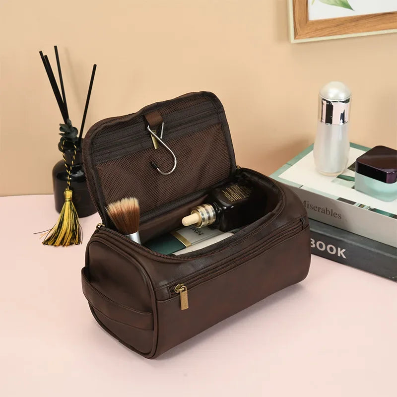 Vintage PU Leather Cosmetic Bag – Large Capacity, Waterproof & Travel-Friendly