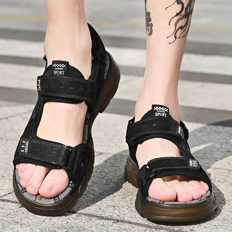 Men’s Genuine Leather Gladiator Sandals – Casual Summer Slip-On