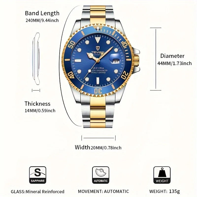 TEVISE 801A Automatic Mechanical Watch – Stainless Steel Fashion Wristwatch with Calendar & Luminous Display