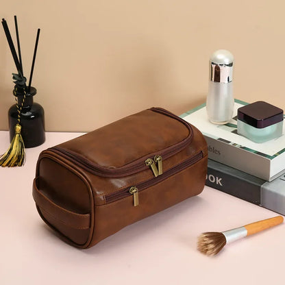 Vintage PU Leather Cosmetic Bag – Large Capacity, Waterproof & Travel-Friendly
