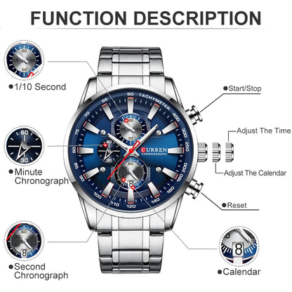 CURREN CUR8351 Men’s Luxury Chronograph Sport Watch – Stainless Steel, Waterproof, Quartz Movement