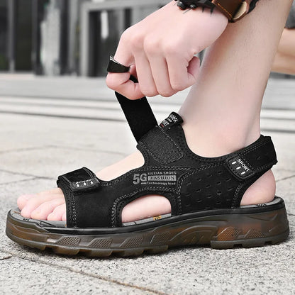 Men’s Genuine Leather Gladiator Sandals – Casual Summer Slip-On