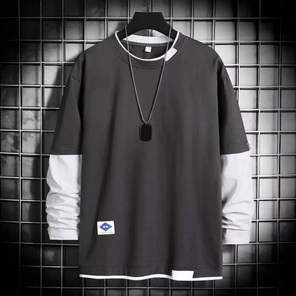 Men’s Color-Block Casual T-Shirt – Spring & Autumn Streetwear