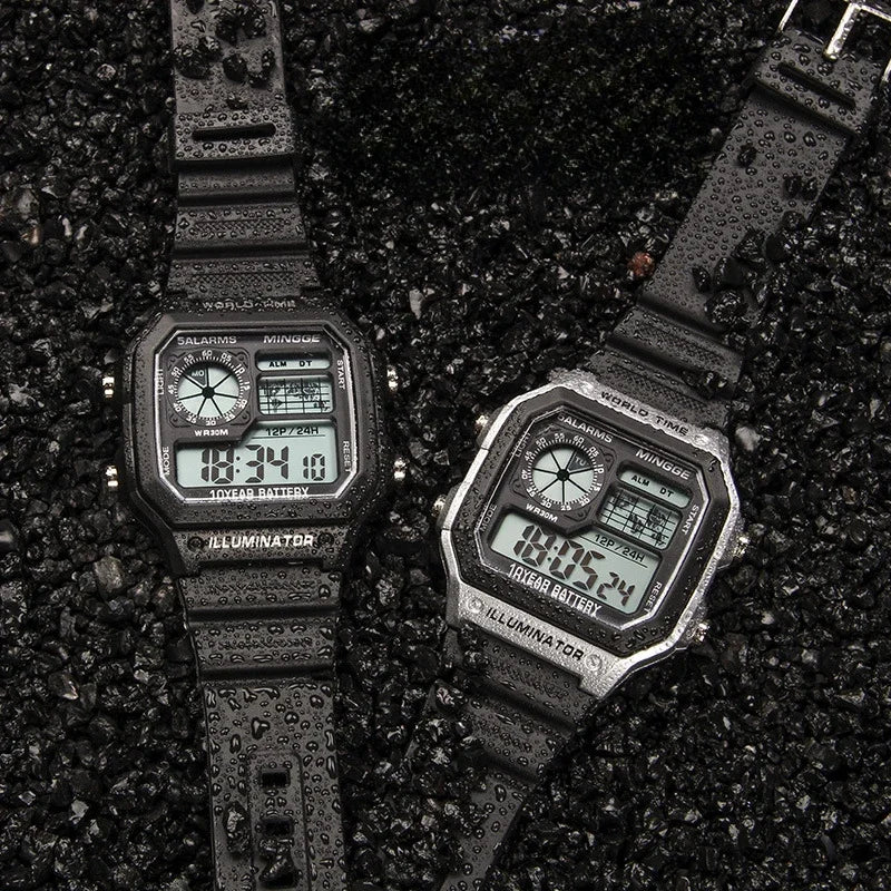MOONBIFFY Digital Sport Watch – Square Design, LED Display, 5ATM Waterproof, Silicone Band